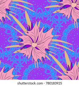 Floral illusion seamless pattern. Pink, blue and violet vector illustration.