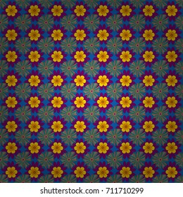 Floral illusion seamless pattern. Purple, yellow and blue vector illustration.