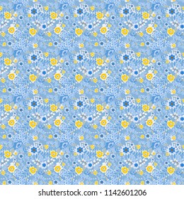 Floral illusion seamless pattern. Yellow, blue and gray vector illustration.