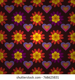Floral illusion seamless pattern. Yellow, brown and red vector illustration.