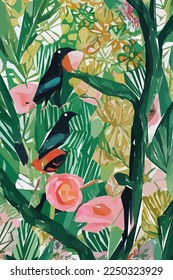Floral Illustration Background with Bird, Colorful flowers, trees and leaves.