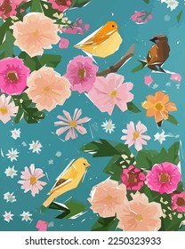 Floral Illustration Background with Bird, Colorful flowers, trees and leaves.