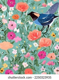 Floral Illustration Background with Bird, Colorful flowers, trees and leaves.