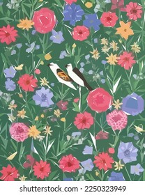 Floral Illustration Background with Bird, Colorful flowers, trees and leaves.