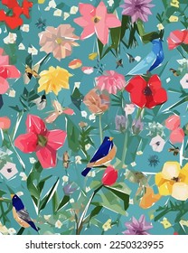 Floral Illustration Background with Bird, Colorful flowers, trees and leaves.