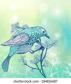 floral illustration of a bird on a light green background. eps10 vector format.