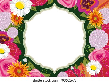 A floral illustration with a blank box in the center to personalize this card with its own text. A very colorful image in pink, green and white tones.