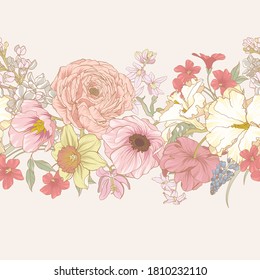 Ilustración floral. Composición botánica para boda o tarjeta de saludo. Patrón impecable pintado a mano. 