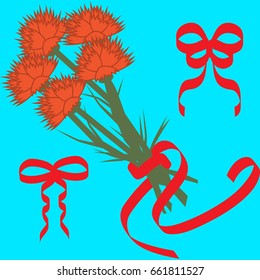 Floral illustration with bouquet of carnations. Red flowers with red ribbons on blue background for design of textile, print, wrapping paper, cards. Bonus - bows for bouquet decoration