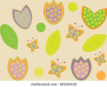 Floral illustration with butterflies, pattern   