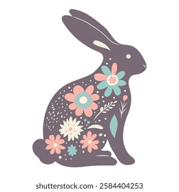 Floral illustration of a dark brown rabbit, created for Easter. The body of the rabbit is beautifully decorated with many bright, colorful flowers, isolated on a white background, vector