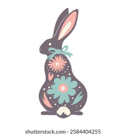 Floral illustration of a dark brown rabbit, created for Easter. The body of the rabbit is beautifully decorated with many bright, colorful flowers, isolated on a white background, vector