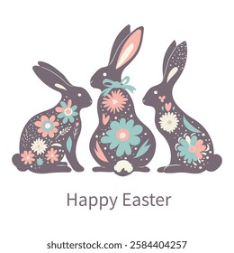 Floral illustration of a dark brown rabbit, created for Easter. The body of the rabbit is beautifully decorated with many bright, colorful flowers, isolated on a white background, vector