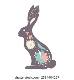 Floral illustration of a dark brown rabbit, created for Easter. The body of the rabbit is beautifully decorated with many bright, colorful flowers, isolated on a white background, vector