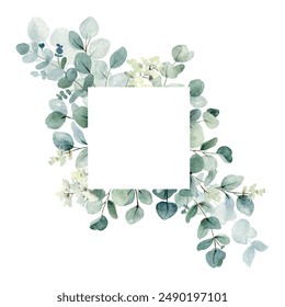Floral illustration with eucalyptus leaves. Watercolor botanic vector frame for wedding or greeting card.