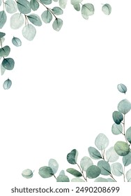 Floral illustration with eucalyptus leaves. Watercolor botanic vector frame for wedding or greeting card.