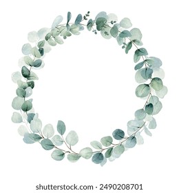 Floral illustration with eucalyptus leaves. Watercolor botanic vector wreath for wedding or greeting card.