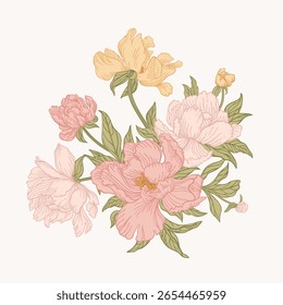 Ilustração floral com peônias rosa macia e pêssego com folhas verdes exuberantes.  Perfeito para adicionar um toque de romance e beleza a projetos de marca, papelaria ou decorativos.