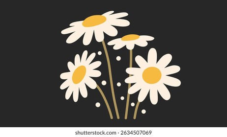 Floral illustration featuring white daisy flowers with warm mustard yellow centers, arranged on a dark black background. A vintage modern aesthetic, ideal for T-shirts, posters, or boho-style prints.