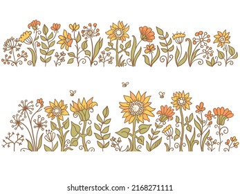 Floral illustration field flowers and bees. Vector summer vintage flowers decoration isolated on white