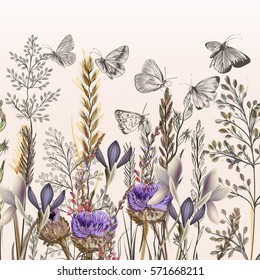 Floral illustration with field flowers and butterflies in vintage style