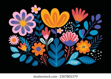 floral illustration with flowers and leaves in an abstract style, in the style of folk art-inspired illustrations