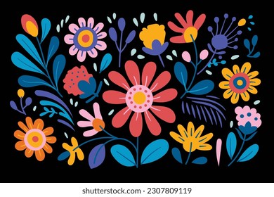  floral illustration with flowers and leaves in an abstract style, in the style of folk art-inspired illustrations