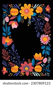  floral illustration with flowers and leaves in an abstract style, in the style of folk art-inspired illustrations