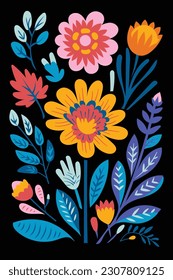  floral illustration with flowers and leaves in an abstract style, in the style of folk art-inspired illustrations