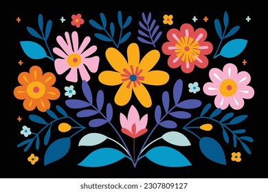  floral illustration with flowers and leaves in an abstract style, in the style of folk art-inspired illustrations