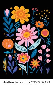  floral illustration with flowers and leaves in an abstract style, in the style of folk art-inspired illustrations