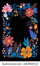 floral illustration frame with flowers and leaves in an abstract style, in the style of folk art-inspired illustrations