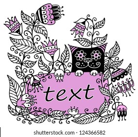 Floral illustration with a frame for text and a cat