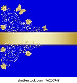 floral illustration with gold  rose on blue background