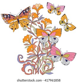 Floral illustration with hand drawn fantasy flowers and butterflies.