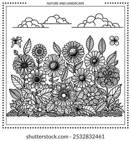 Ilustración floral. Alto detalle del dibujo de línea. Blanco y negro. Ajuste para colorear libro, cubierta, fondo, elemento, cartel, Anuncio, tatuaje, pintura de pared. Vector Eps 10.