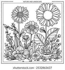 Ilustración floral. Alto detalle del dibujo de línea. Blanco y negro. Ajuste para colorear libro, cubierta, fondo, elemento, cartel, Anuncio, tatuaje, pintura de pared. Vector Eps 10.