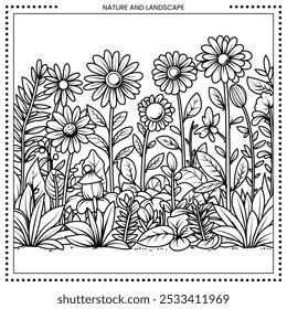 Ilustración floral. Alto detalle del dibujo de línea. Blanco y negro. Ajuste para colorear libro, cubierta, fondo, elemento, cartel, Anuncio, tatuaje, pintura de pared. Vector Eps 10.