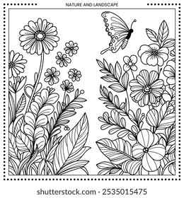 Ilustración floral. Alto detalle del dibujo de línea. Blanco y negro. Ajuste para colorear libro, cubierta, fondo, elemento, cartel, Anuncio, tatuaje, pintura de pared. Vector Eps 10.