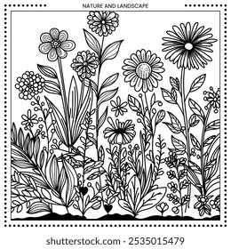 Ilustración floral. Alto detalle del dibujo de línea. Blanco y negro. Ajuste para colorear libro, cubierta, fondo, elemento, cartel, Anuncio, tatuaje, pintura de pared. Vector Eps 10.