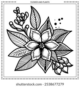 Ilustración floral. Alto detalle del dibujo de línea. Blanco y negro. Ajuste para colorear, cubierta, fondo, elemento, cartel, Anuncio, tatuaje, pintura de la pared. Vector Eps 10.