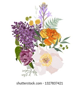 Floral illustration, Leaf and buds. Botanic composition for wedding, greeting card. Branch of lilac flowers, tulips, bels, peony and herbs.