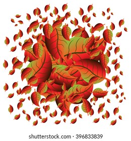 Floral illustration of many bright seasonal autumn vector red leaves in round heap on white background