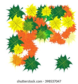 Floral illustration of many bright seasonal vector leaves green orange and yellow color on white background