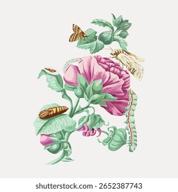 Floral illustration with moths, caterpillars, and leaves. Delicate flowers, moths, and caterpillars create a vintage botanical design. Elegant nature-themed art. Vintage flower illustration vector.