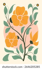 Floral illustration, orange flowers, minimal style with bold outlines and green foliage, set on soft background ideal for spring events, wedding invitations, or nature-inspired designs.