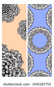 Floral illustration for packaging. Packaging for bottles. Print on a pink, blue background. Black and white flowers.