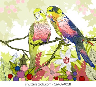 Floral illustration of a pair of budgies 