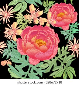 Floral illustration with peonies. Seamless pattern. Vector hand drawn design illustration.