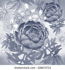 Floral illustration with peonies. Seamless pattern. Vector hand drawn design illustration.